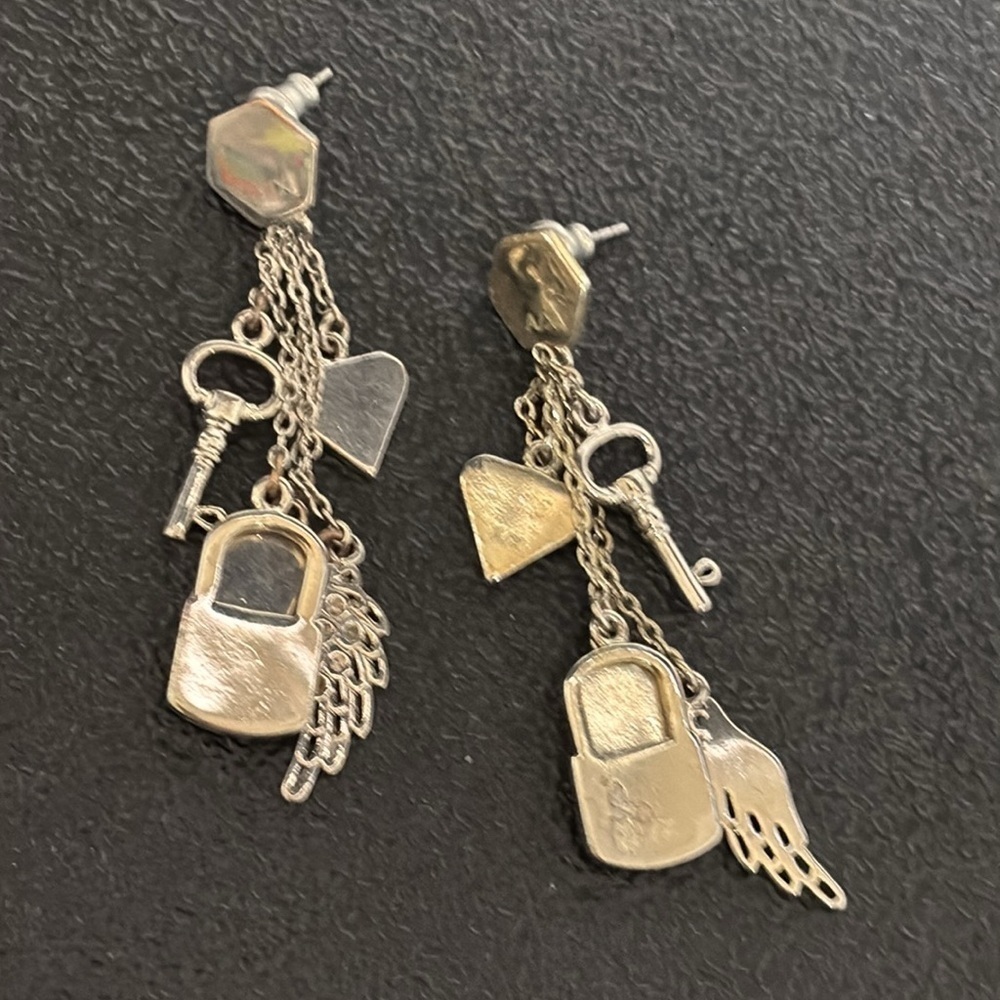 Vintage Armani Exchange Art Deco Key Heart Wing Chain Drop Pierced Earrings